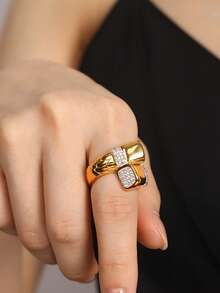 1pc Fashionable Exaggerated Stainless Steel Rhinestone Ring, Women's Stainless Steel Ring, Daily Accessory - Gold - View 3