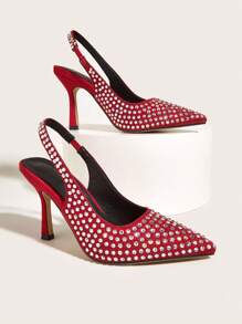 Red Faux Suede Rhinestone Decor Slip-On High Heel Pumps For Women, Suitable For Daily Wear, Banquet, Party, Fashion - Rhinestone Quantity And Color Random - Red - View 1