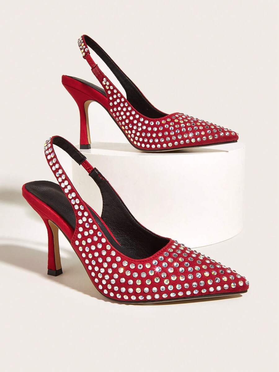 Red Faux Suede Rhinestone Decor Slip-On High Heel Pumps For Women, Suitable For Daily Wear, Banquet, Party, Fashion - Rhinestone Quantity And Color Random - Red - View 1
