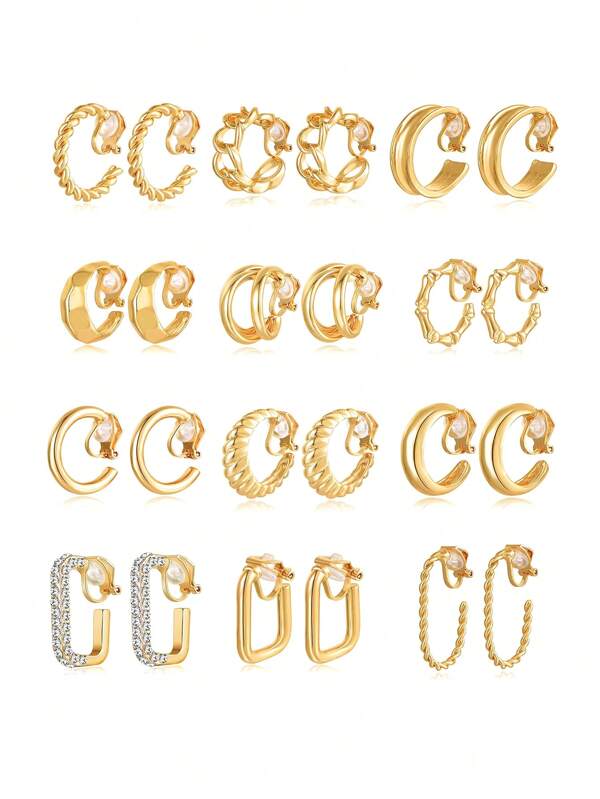 12 Pairs/Set Vintage Style Geometric Round Twist Flower Clip-On Earrings, Clip-On Earrings For Women Without Pierced Ears, Gold Tone, Suitable For Women