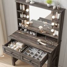 EnHomee Vanity Desk With Mirror And Lights,31 Inch Make Up Vanity With Charging Station,Dressing Table Makeup Desk With 2 Drawers,3 Color Modes Adjustable Brightness - 深橡木色 - 查看 2