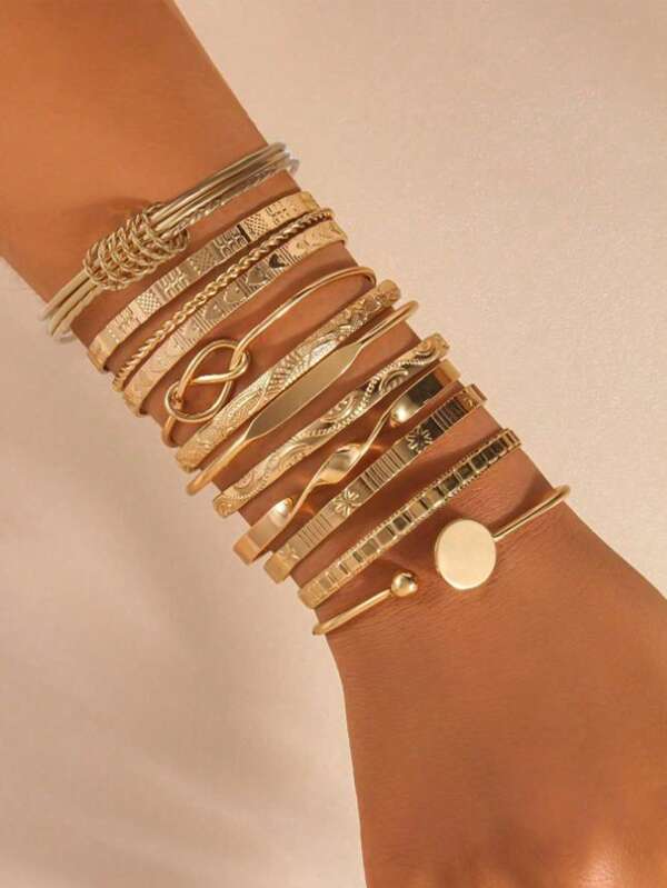 12pcs Fashion Metal Textured Heart Shape Bangle Bracelet Set, Boho Adjustable Layered Wristband, Suitable For Daily & Party Wear, Ideal Gift For Friends & Family