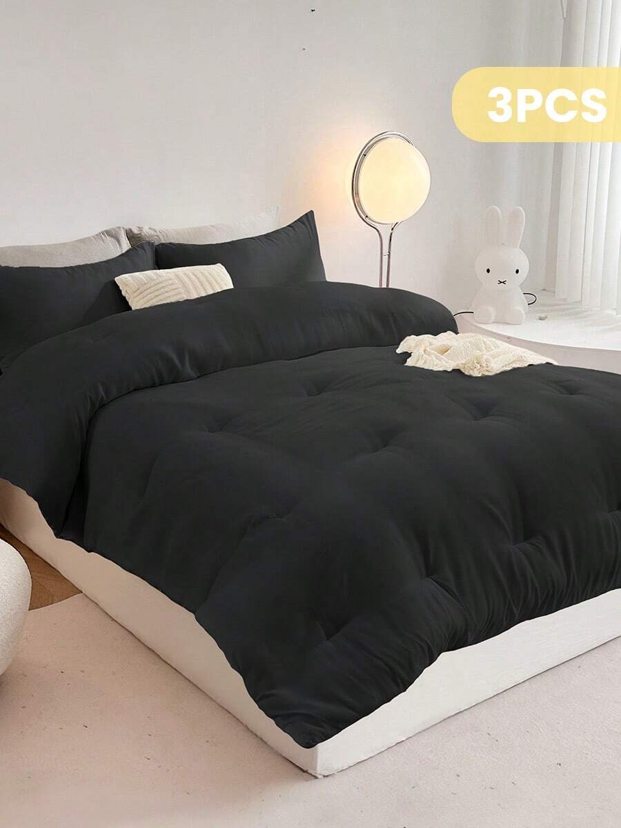 3pcs Comforter Set, Black Bedding, Solid Color Comforter Set, Soft And Breathable, Fluffy Bedding For All Seasons, Easy Care And Comfortable, Includes 1 Comforter And 2 Pillowcases, Soft Comforter Sets, Room Decor, Bedroom Decor,  All Seasons, Halloween Gift, Machine Washable - 黑色 - 查看 1