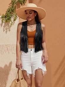 Womens Leather Tassel Vest 70s Hippie Costume Sleeveless Cowgirl Western Outerwear - 黑色 - 查看 10
