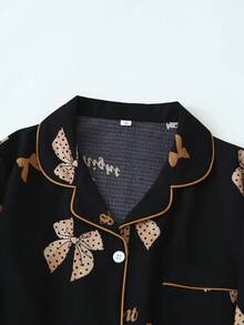 Conjunto de pijama de satén con estampado de lazo, blusa de manga larga y pantalón largo para mujer, ropa de otoño e invierno