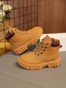 1 Pair Yellow Toddler/Kids' Soft Matte Military Boots, Round Toe, Warm Thick Sole, Durable, Lace-Up & Zipper Design, Classic Short Boots, Suitable For Boys/Girls, Casual, School, Vacation, Autumn/Winter