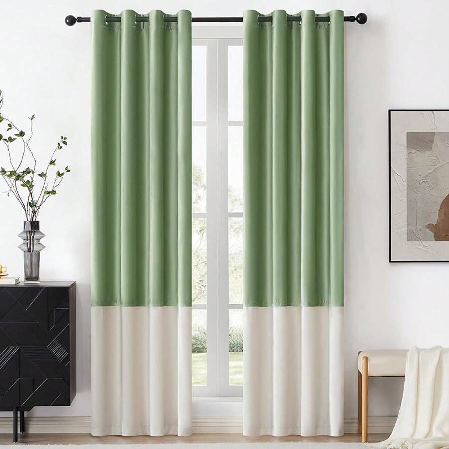 Black Gold Color Block Window Curtains Panels 84 Inches Long Farmhouse Drapes Bedroom Living Room Darkening Treatment With Grommet Set Home Decor - 鼠尾草綠和奶油色 - 查看 1