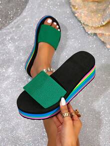 Women's Thick Sole Wedge Strap Slippers, Rainbow Thong Sandals, Rainbow Sole Beach Sandals, Comfortable Foam Bottom Sandals, Solid Color Beach Slippers, Casual Holiday Beach Sandals, Fashionable Ruffle/Frill Edge Sandals, Suitable For Office, Party, Home, Outdoor, Spring/Summer/Autumn - Green - View 1