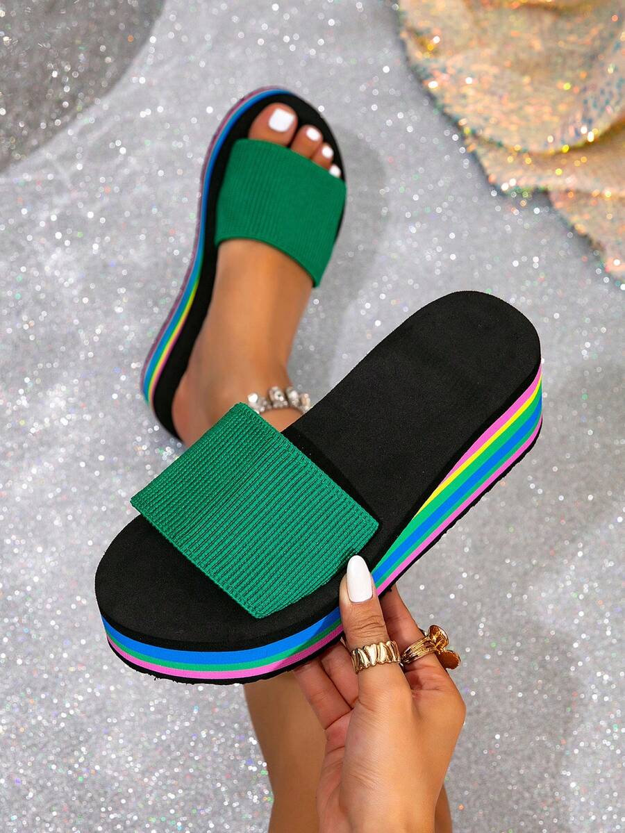 Women's Thick Sole Wedge Strap Slippers, Rainbow Thong Sandals, Rainbow Sole Beach Sandals, Comfortable Foam Bottom Sandals, Solid Color Beach Slippers, Casual Holiday Beach Sandals, Fashionable Ruffle/Frill Edge Sandals, Suitable For Office, Party, Home, Outdoor, Spring/Summer/Autumn - Green - View 1