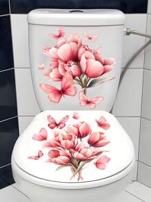 1/2pcs Flower Toilet Stickers Butterfly Toilet Lid Decals, Removable Self-Adhesive Waterproof Bathroom Wall Sticker, Decorative For Bathroom, Bathroom Decor, Wall Art For Home Cistern Restroom Bathroom Decals