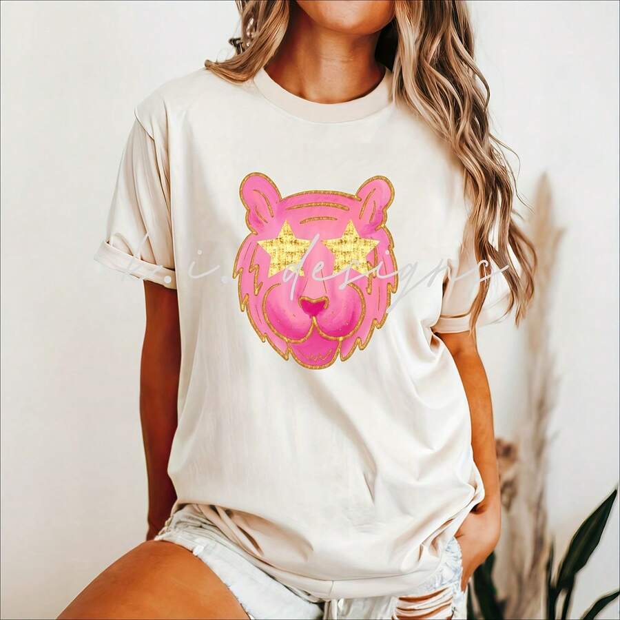 Mascotte, Mascotte D'école, Mascotte BCBG, Mascotte Tigre, Mascotte Rose, Tigre Rose, Mascotte Or, Tigre Doré,, Téléchargement Numérique, DTF220G Heavyweight 100% Cotton T-Shirt. With Butterfly Print Pattern, Suitable For Girls And Wo's Short Sved Round Neck Inspirational Shirt, Cute Aesthetic Y2K Style Summer Top, Suitable For Outdoor, Family, Work Or Street Wear Casual Loose Daily T-Shirt - 白色 - 查看 1