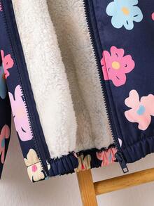 Toddler Floral Print Warm Hooded Jacket - Royal Blue - View 6