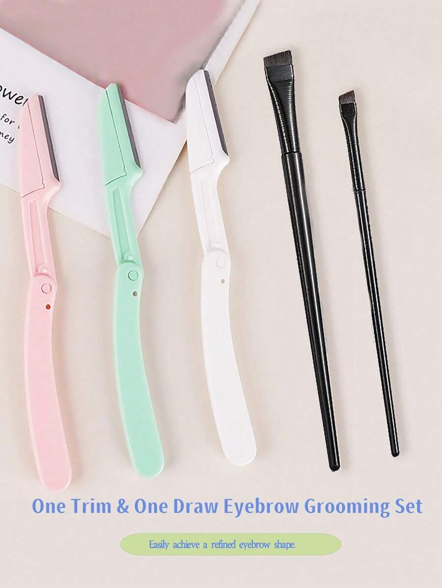 5 件便携式折叠式眉毛剃须刀套装和斜角眼线刷眉刷组合，帮助漂亮女孩轻松打造精致眉形