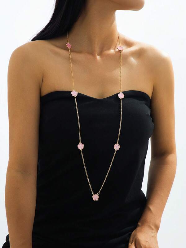 1pc Fashionable, Elegant Lucky Pink Clover Pendant Necklace, Women's Long Sweater Chain