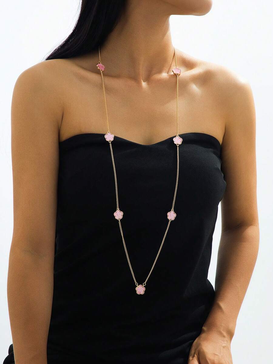 1 件时尚优雅的幸运粉红四叶草吊坠项链，女士长款毛衣链 - 粉色 - 查看 1