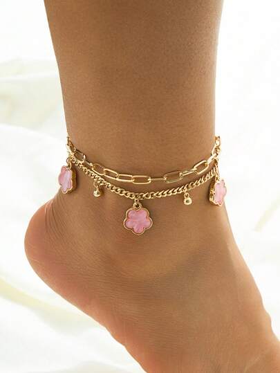 1pc Summer Vacation Elegant Pink Metal Flower & Clover Pendant Multi-Layer Anklet, Suitable For Holidays, Parties, Dates, Gifts, Daily Wear