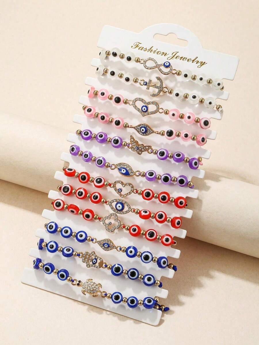 12 件/套合金水钻邪眼编织手链，女士彩色珠宝手链套装，送给朋友的时尚礼物 - 彩珠惡魔之眼 - 查看 1