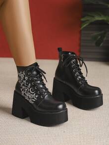 哥特式系带刺绣厚底踝靴，侧拉链，朋克摇滚风格 - 黑色 - 查看 4