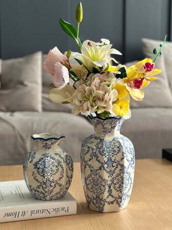 1pc Ceramic Vase, Vintage French Floral Ceramic Vase, Round Wavy Mouth Design, Elegant Home Decor Tabletop Flower Pot, High-Quality Vase, Living Room, Ramadan Decoration, Wedding Decoration