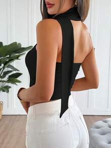 Women's Spring/Summer Vacation Knit Fabric Bandeau Crop Top, Adjustable Neck Tie, Suitable For Afternoon Tea, Street, Vacation, Layering, Party, Date, Valentine's Day, Easter, Carnival, Beach, Cruise Resort, City Road Trip Vacation, New Year Party Outfit, Casual Outerwear - Black - View 5