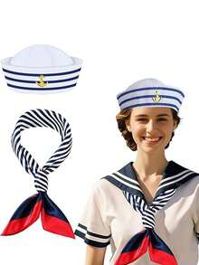 两件套男女海军服装水手服船长帽水手围巾，适合圣诞节新年礼物、角色扮演、海军主题派对、海军服装配饰 - 彩色 - 查看 8