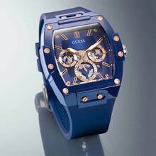 Guess 男士 Tonneau 多功能石英表 GW0203G7 蓝色镂空表盘和弹性表带休闲手表适合日常商务聚会佩戴，是送给父亲男友的生日礼物 - 藍色 - 查看 8