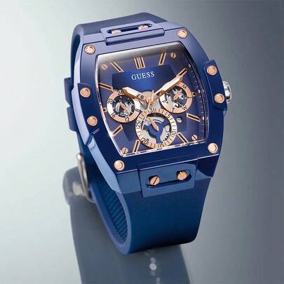 Guess Men's Multifunctional Quartz Wristwatch GW0203G7, Blue Hollow Dial With Elastic Strap, Casual Watch Suitable For Daily Business Occasions, An Excellent Birthday Gift For Father Or Boyfriend