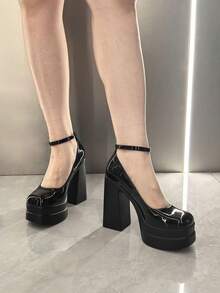 Mary Jane High Heeled Sandals Platform Chunky Heels For Women Closed Square Toe Buckled Ankle Strap ​Sandals Fashion Dress Party Pumps Valentine's Day Outfits - 黑色 - 查看 4