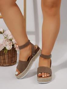 [需要加大码宽版] 女式简约踝带帆布平底凉鞋，夏季度假凉鞋 - 棕色 - 查看 5