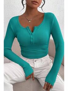 Women's 2026 Fall Long Sleeve Henley T Shirts Button Ribbed Knit Slim Fit Basic Tops Blouse Casual Outfits/Vacation Outfits Women/Valentine Outfits For Women - 孔雀石綠 - 查看 5