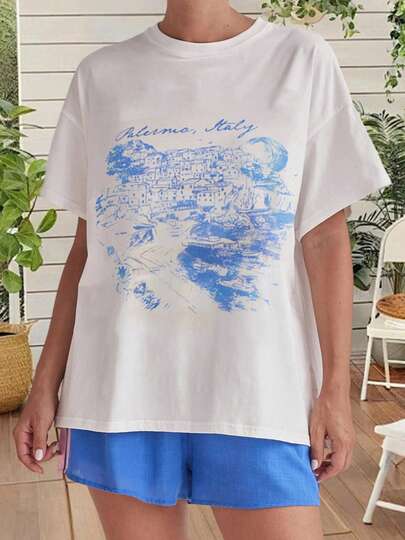 Autumn Outfits Women Summer Basic T-Shirt Casual Graphic Print Loose Short Sleeves Tops For Streetwear Aesthetic Grunge Clothes