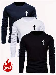 3pcs/Set Men's Casual Daily Letter Print Long Sleeve T-Shirts, Autumn , Fall Clothes - Multicolor - View 1