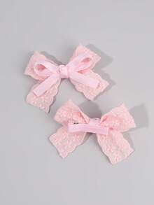 2个粉色发夹，女童粉色刺绣花朵蝴蝶结发夹，纯色缎面蝴蝶结鳄鱼夹，女童布艺蕾丝蝴蝶结发夹，婚礼派对发饰，婴儿发饰 - 粉色 - 查看 5
