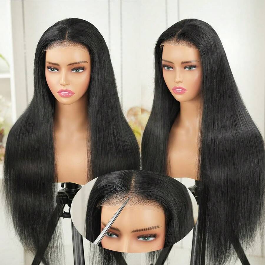 40 Inch Straight 4x4 HD Transparent Lace Closure Wigs Human Hair Straight Put On And Go Glueless Wigs Pre Plucked Pre Cut Lace Wig For Women 200% Closure Wig Nautural Black - Natural Black - 查看 1
