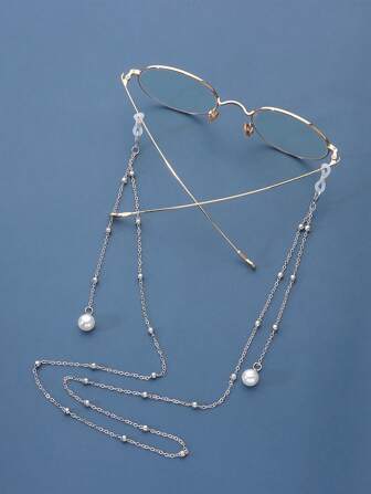 1 st silverfärgad glasögonkedja med konstpärlor, moderiktig elegant solglasögonrem, kreativt upphängningssnöre för glasögon, pärlhalsband för mask