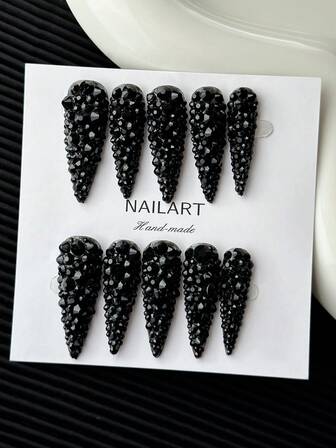 Y2K Stiletto Nails Handgjorda Press-On Naglar Med Transparenta Tips, Svarta Strass & Glittrande Heltäckande 3D-Design - Heltäckande DIY Glitter Konstnaglar, Lösnaglar För Fester, Utomhus, Strand, Dagligen, Heldagar, Sammankomster, Arbete & Speciella Evenemang - 10 Styck/Påse
