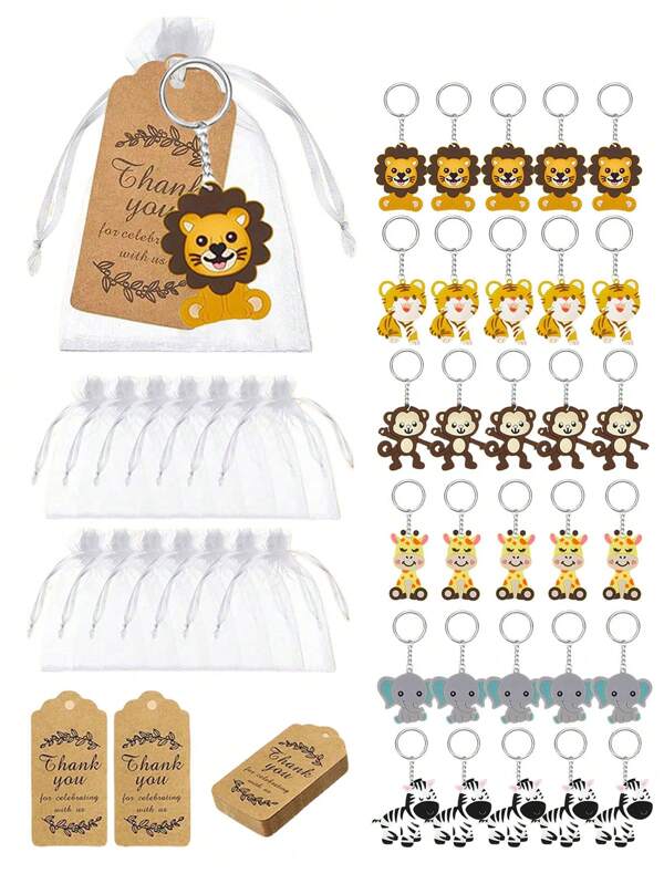 6/18/24 stuks schattige jungledieren sleutelhanger, dierentuinfeest cadeau, sleutelhanger met bruin papieren label en witte chiffon tas, geschikt als babyshower verjaardagsfeest decoratie cadeau, jungledieren thema familie vakantie feest decoratie benodigdheden, leeuw giraffe olifant sleutelhanger, wilde feest decoratie, perfect voor feesten, verjaardagen