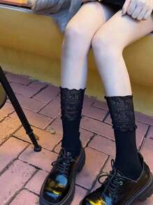1 Pair Lace Over The Knee Socks: Women's Stockings And Sock Boots - Polyester Blend, Lace Trim, Hand Washable 2pcs/4pcs/6pcs