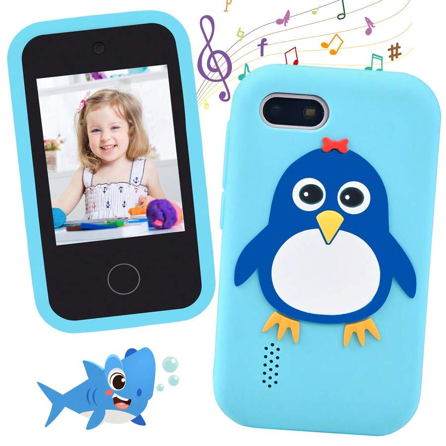 Mini Lern-Handy Spielzeug mit 32GB Karte, 2,8" Touchscreen mit süßer Pinguin Silikonhülle, Dual-Selfie-Kameras + Musikplayer, 10 Fabeln & 26 Buchstaben Lernen, perfektes Halloween & Weihnachtsgeschenk für Jungen Mädchen 3-12 Jahre