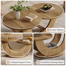 LITTLE TREE Round Living Room Coffee Table, 2-Tier Farmhouse Coffee Table With U-Shaped Frame, Low Accent Center Cocktail Table For Home, Apartment(Natural) - 自然的 - 查看 6