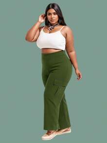 Wide Leg Cargo Plus Size Tailored Pants Women's High Waist, Women's Wide Leg Formal Pants Plus Size Wide Leg Cargo Tailored Premium Plus Size High Waist Formal Plus Size High Waist Casual Fashion Work Evening Large Sizes 46 To 56 - 軍綠色 - 查看 2