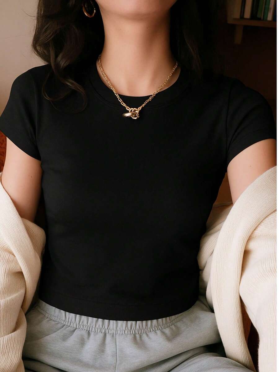 Women's Basic Baby Look T-Shirt, 100% Premium Cotton - Black - View 1