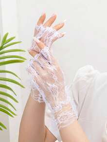 1 Pair Floral Lace Fingerless Gloves, Suitable For Formal Occasions Arm Warmers Autumn Fall Fashion - White - View 4