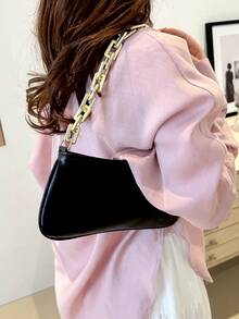 Black Shiny Patent Leather Chain Underarm Bag - Black - View 3