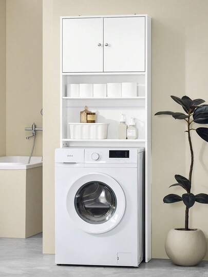 SoBuy Bathroom Storage Cabinet With Shelves & Cupboard – Space-Saving Over Toilet Or Washing Machine Freestanding WC Shelf Tip-Resistant White 65x182x20cm BZR165-W