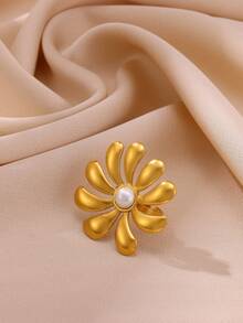 时尚夸张花朵女士戒指，优雅仿珍珠戒指，不锈钢配饰，海螺壳戒指海洋珠宝，复古天然石女士珠宝金色宽口可调节开口戒指派对婚礼旅行厚重珠宝圣诞礼物