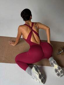 Slayoga 女士纯色交叉剪裁修身塑身衣 - 中紫紅色 - 查看 5