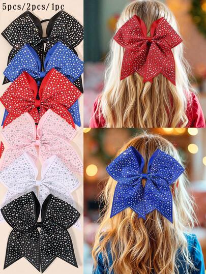 1pc/2pcs/5pcs Preppy Cheerleading Large Bow Solid Color Hairband, Tailcoat Rhinestone Decoration School Headband Hair Accessory, Suitable For Daily Use And Sports Events