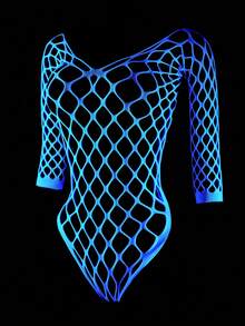 Glow-In-The-Dark Bodystocking] Neon Green & Black Glow-In-The-Dark Skeleton Fishnet Bodystocking | Long-Sleeve One-Piece With Three-Point Bikini Cut, Semi-Sheer Semi-Transparent Design For Nighttime Wear & Themed Parties, Intimate Apparel, Sexy Bodys - 藍色 - 查看 3