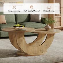 LITTLE TREE Round Living Room Coffee Table, 2-Tier Farmhouse Coffee Table With U-Shaped Frame, Low Accent Center Cocktail Table For Home, Apartment(Natural) - 自然的 - 查看 5